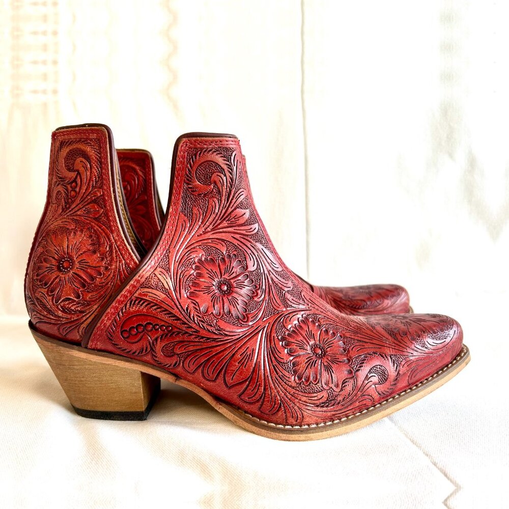 Myra Handmade Women's Leather Boots in Red color Hand tooled Sz 10-new-no tags